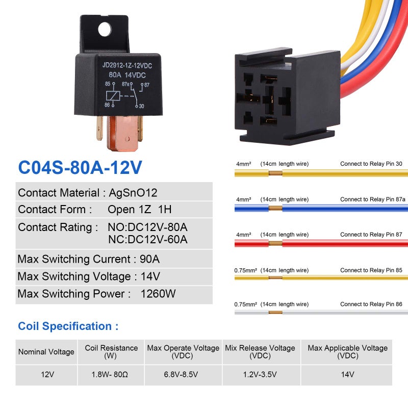 EHDIS 5 Packs Car Relay with Harness Truck Motor Heavy Duty 5-Pin 80A 12V On/Off Normally Open SPDT Relay Socket Plug 5 JD2912-1Z-12VDC 80A 14VDC - Image 2